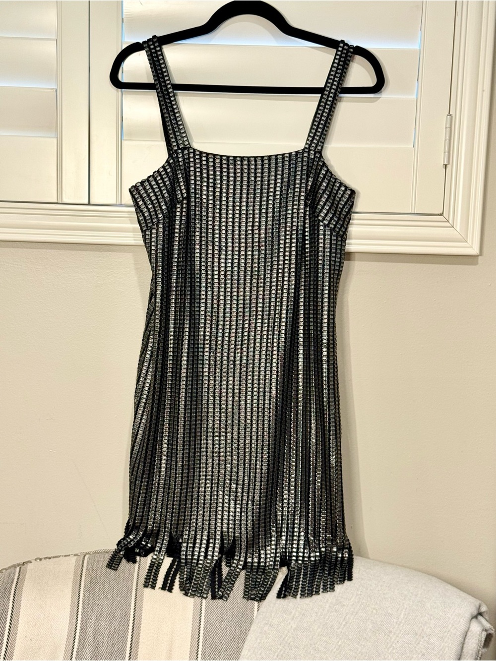 Silver and Black Metallic Fringe Slip Dress